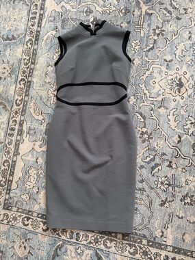 Sleeveless Shanghai Tang  Gray Midi Sheath Dress with Black Trim